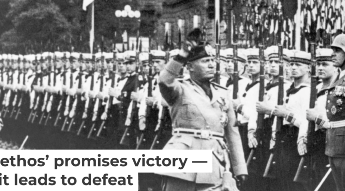 Hitler and Mussolini salute Nazi troops in 1937. Bettmann/Getty Images